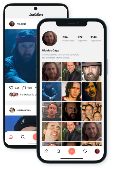 Demonstração do App rodando em um celular, com o perfil do Nicolas Cage aberto